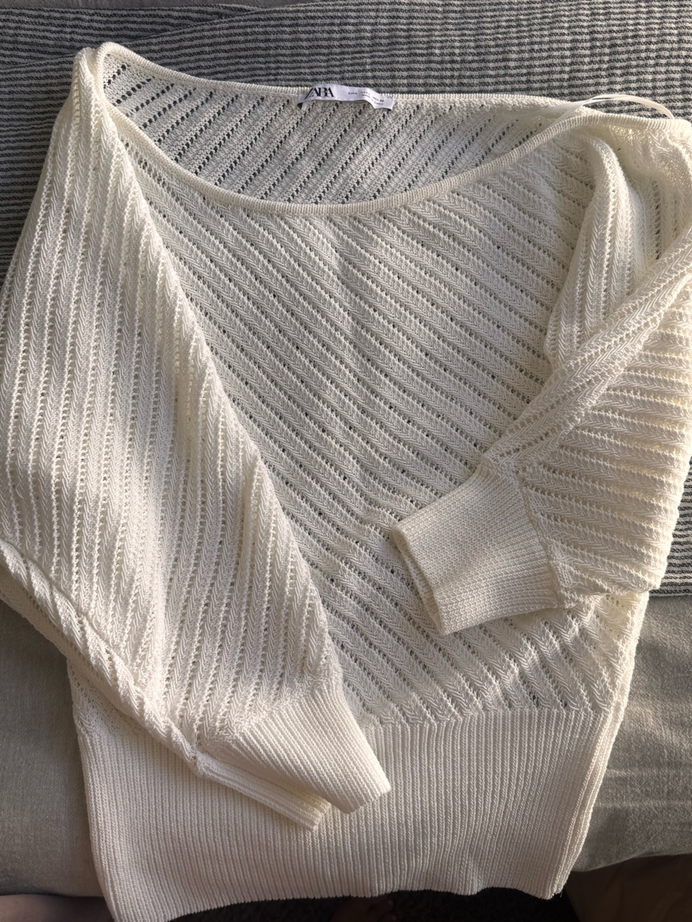 Zara Cream Open-Knit Crewneck Sweater off shoulder